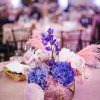 Lavender Glow wedding table arrangement with hydrangea, roses, and dried accents in Edmonton