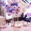 Amethyst Dream table arrangement with roses and hydrangea on a tall stand in Edmonton