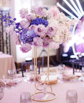 Amethyst Dream table arrangement with roses and hydrangea on a tall stand in Edmonton