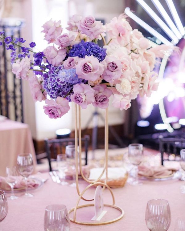 Amethyst Dream table arrangement with roses and hydrangea on a tall stand in Edmonton