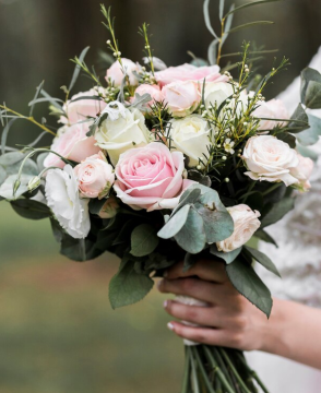 Blush Elegance wedding bouquet with pink roses and eucalyptus in Edmonton.