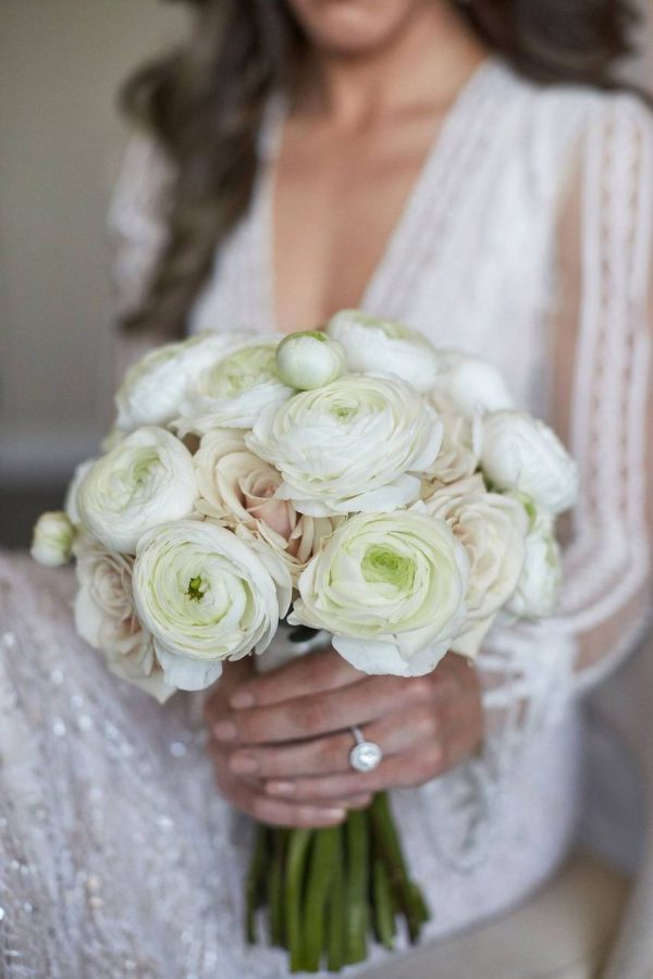 White Ranunculus Bridal Bouquet Edmonton with roses and greenery